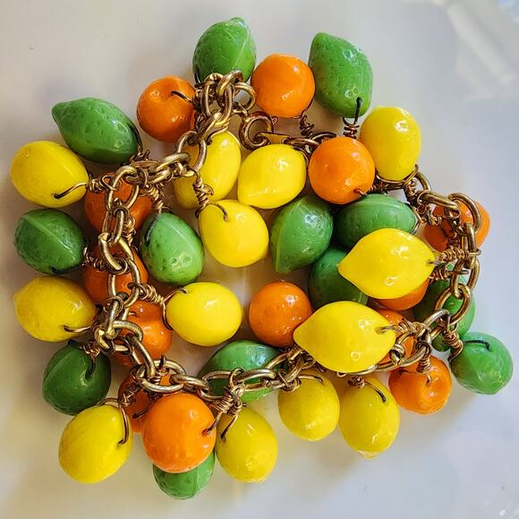Vintage Glass Fruit Cha-Cha Bracelet Citrus Lemons Oranges Limes 1950s - Picture 4 of 5